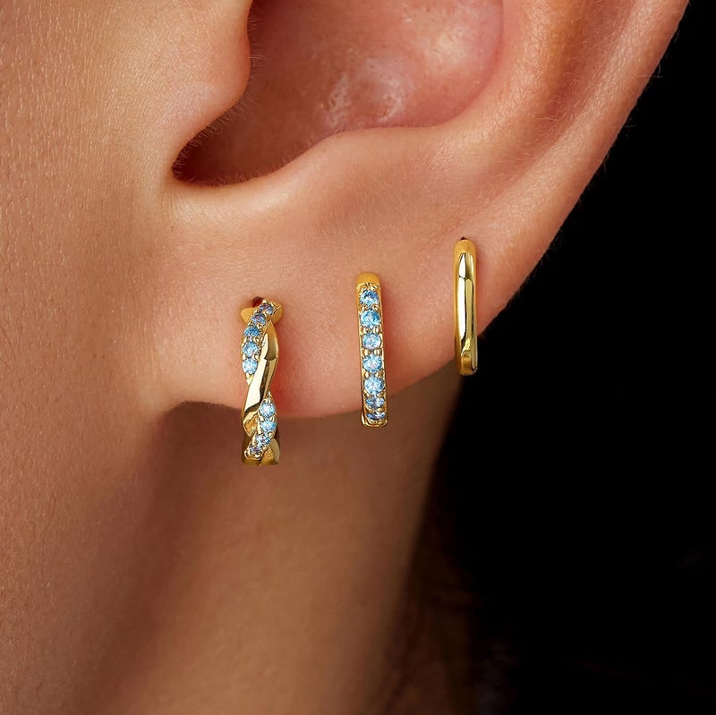 Inerney 14K Gold Plated Huggie Hoop Earrings for Women, Small Sterling Silver Earring Set Hypoallergenic Cartilage Helix Stacks, Mini Dainty Cute Trendy Birthstone Jewelry Gift for Multiple Piercings - Image 2